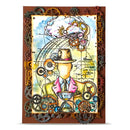 Steampunk-themed artwork with gears, a clock, and a hat on a white background