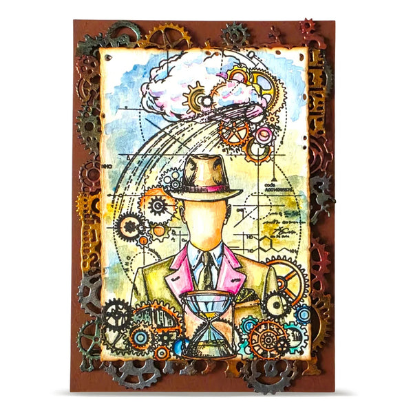 Steampunk-themed artwork with gears, a clock, and a hat on a white background
