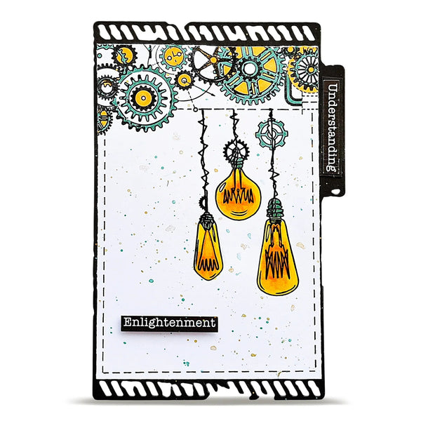 Notebook cover with mechanical design, light bulbs, and 'Enlightenment' text on a white background.