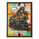 Colorful illustration of a steam locomotive with decorative border and 'Life is a beautiful journey' text.
