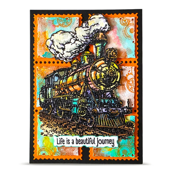 Colorful illustration of a steam locomotive with decorative border and 'Life is a beautiful journey' text.