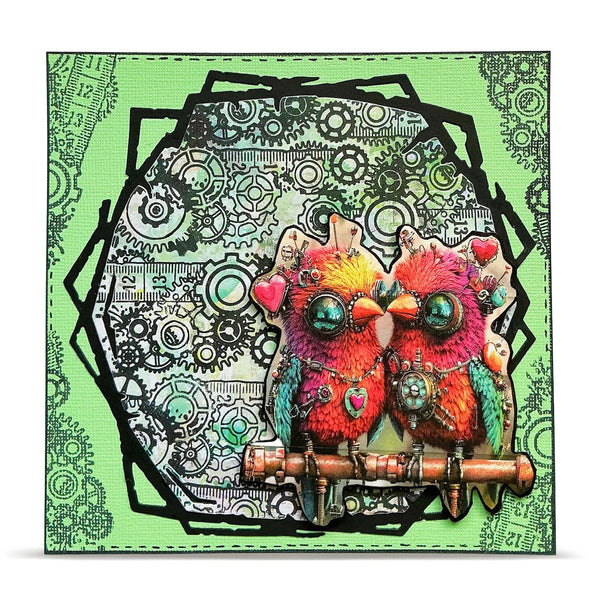 Colorful owl design on a green background with intricate patterns