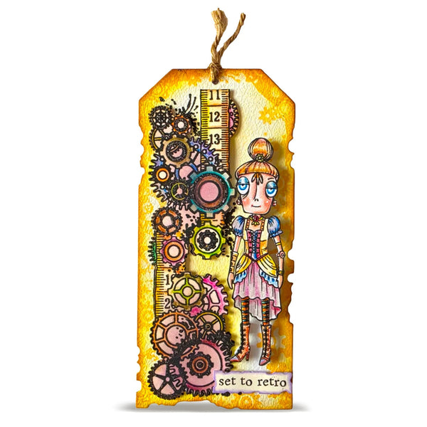 Decorative tag with a character and gears on a white background