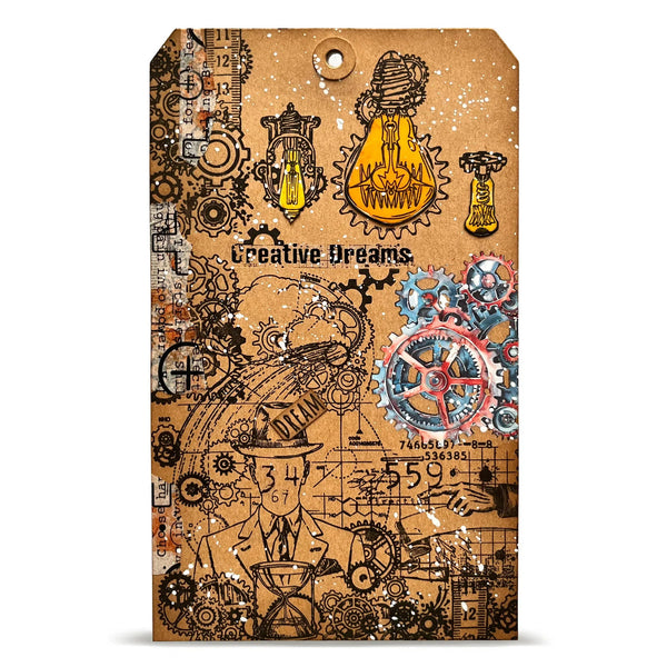 Decorative tag with steampunk design elements and 'Creative dreams' text on a white background