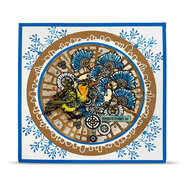 Decorative square piece with birds and floral patterns on a white background