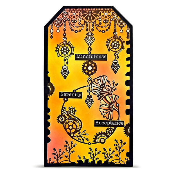 Decorative card with mindfulness, serenity, and acceptance text on an orange and yellow gradient background.