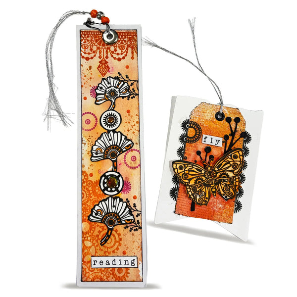 Decorative bookmarks with butterfly designs on an orange background