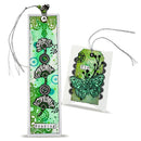 Decorative bookmarks with green and black designs on a white background