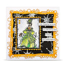 Greeting card with a stylized illustration of a person in a green dress, surrounded by text and decorative elements.