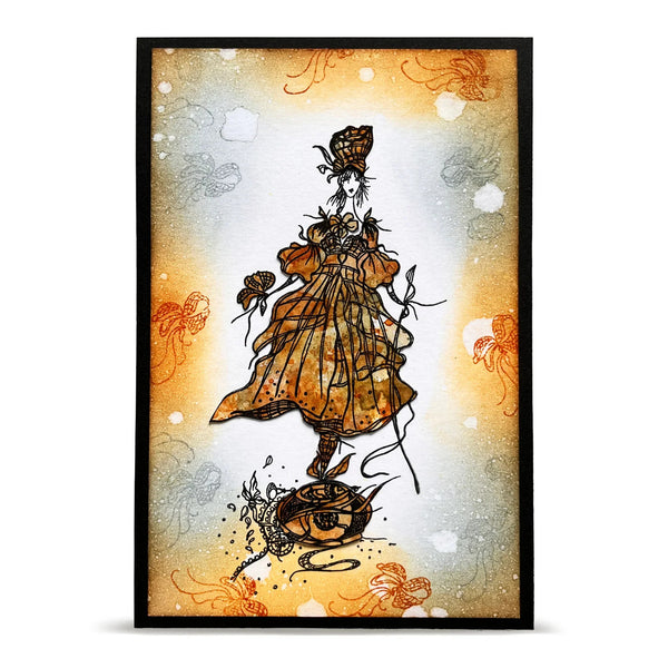 Framed artwork of a stylized woman in a dress with intricate details on an orange and white background.