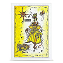 Illustration of a woman in a yellow dress with energy text on a yellow background