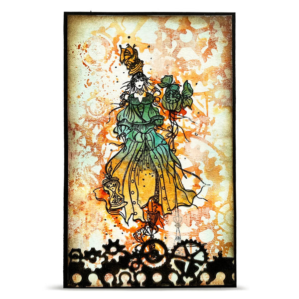 Artistic depiction of a woman in a green dress with a butterfly on her head against a textured background.