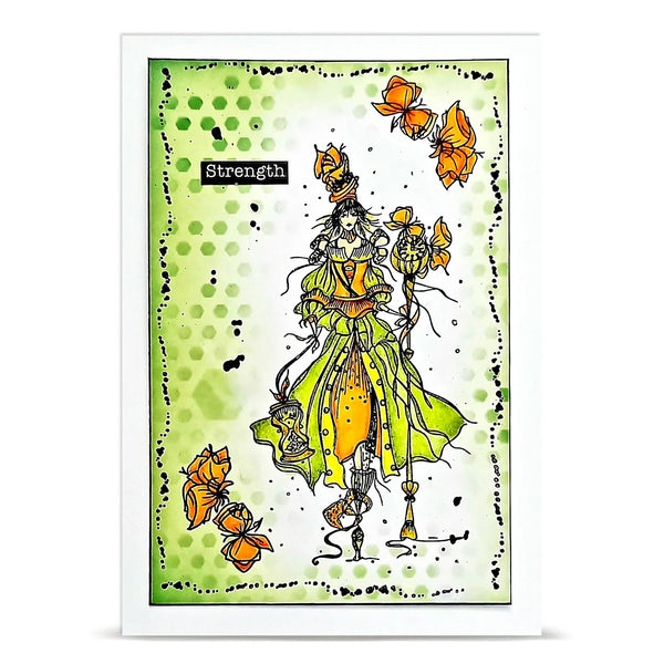 Artistic illustration of a figure with butterflies and the word 'Strength' on a green background