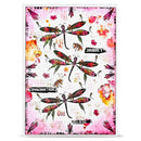 Colorful dragonfly illustration on a pink background with text and abstract designs.