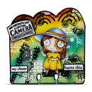 Decorative plaque with a cartoon girl in a yellow dress and blue hat, surrounded by vintage camera and photo-themed elements.