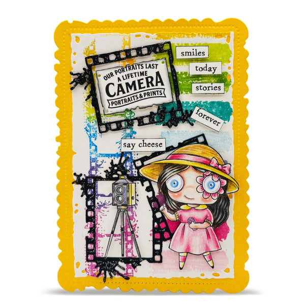 Colorful card with a cartoon girl, camera, and text on a white background