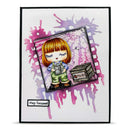 Illustration of a character with red hair and a camera, framed by abstract pink and purple splashes with text 'stay focused' and 'peaches'.