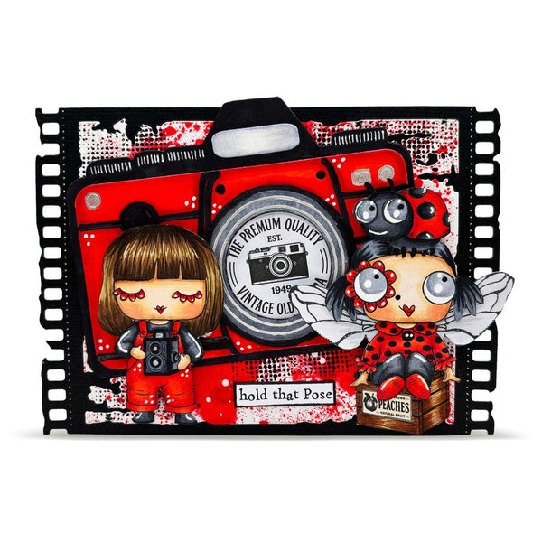 Illustrated camera with two characters holding cameras on a film strip background