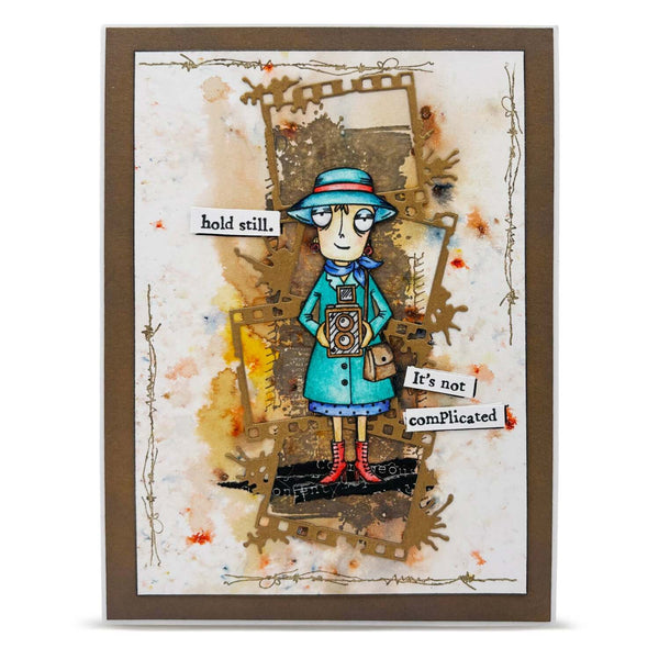Vintage-style illustration of a character holding a camera with text on a textured background.