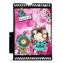 Decorative card with a cartoon character and flower design on a pink background