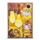 Decorative card with steampunk design featuring light bulbs and a girl in a yellow dress.