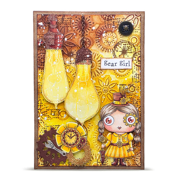 Decorative card with steampunk design featuring light bulbs and a girl in a yellow dress.
