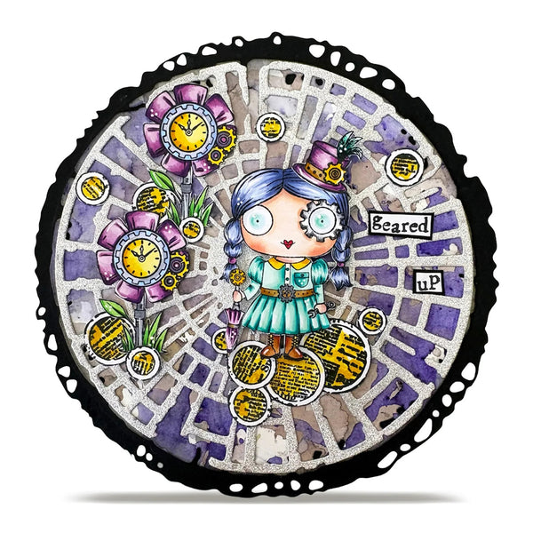 Circular artwork with a stylized character, flowers, and text on a white background