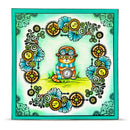 Colorful illustration of a cat with gears and flowers in a decorative frame