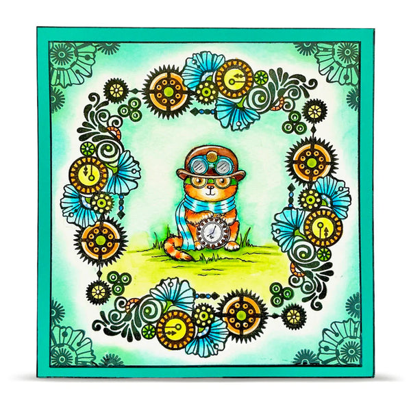 Colorful illustration of a cat with gears and flowers in a decorative frame