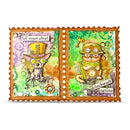Two cartoon cats in steampunk-themed outfits with decorative text and elements on a white background.