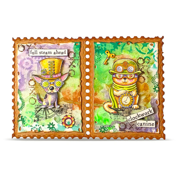 Two cartoon cats in steampunk-themed outfits with decorative text and elements on a white background.