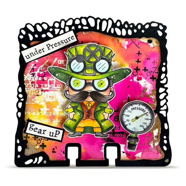 Decorative wall art with a character wearing goggles and a hat, surrounded by colorful abstract designs and text.