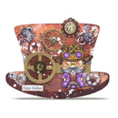 Steampunk-themed top hat with gears, clocks, and a character labeled 'time tinker' on a white background.