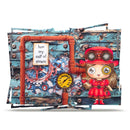 Pillow with steampunk design featuring a character in a red outfit and goggles, surrounded by gears and pipes.