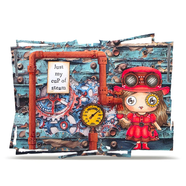Pillow with steampunk design featuring a character in a red outfit and goggles, surrounded by gears and pipes.