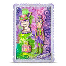 Colorful card with a steampunk-themed illustration of a character and text on a white background.