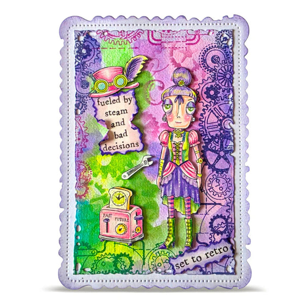 Colorful card with a steampunk-themed illustration of a character and text on a white background.