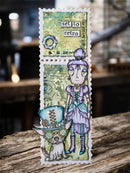 Steampunk-themed bookmark with a character and dog on a wooden surface