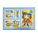 Cartoon character with a blue cap and orange outfit on a decorative card with postage stamps design.