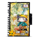 Decorative notebook cover with a cartoon character, text, and floral elements on a white background.