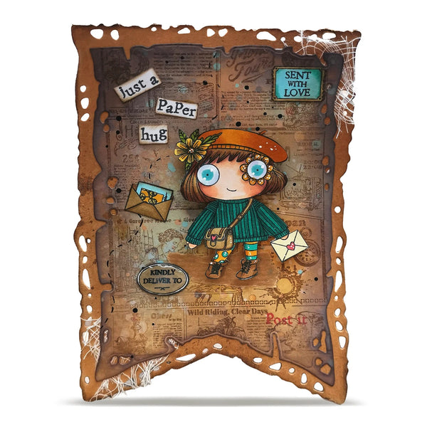 Decorative wall art with a girl holding a paper heart on a textured background