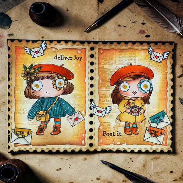 Illustration of two children delivering joy with envelopes on a textured background.