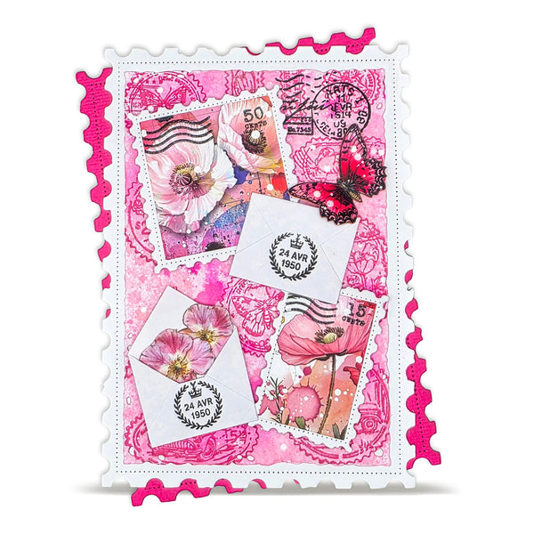 Decorative card with pink floral and postage stamp designs on a white background