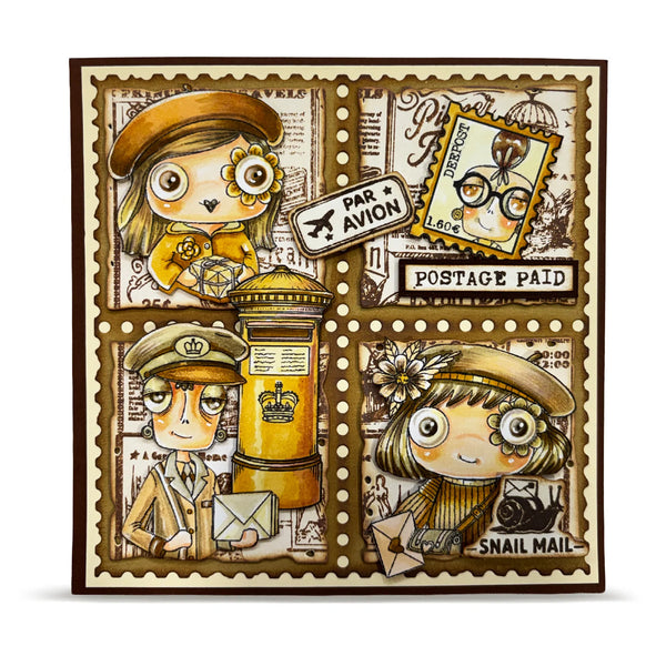 Illustration of postal-themed characters with vintage postage stamp designs.