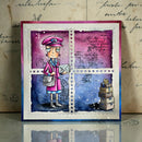 Illustrated card with a character in a pink coat and hat, holding a letter, on a vintage background.