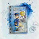 Illustration of a character in a uniform with a hot air balloon and stamps on a watercolor background