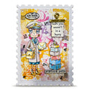 Colorful postage stamp design with a character in a uniform and various elements on a white background