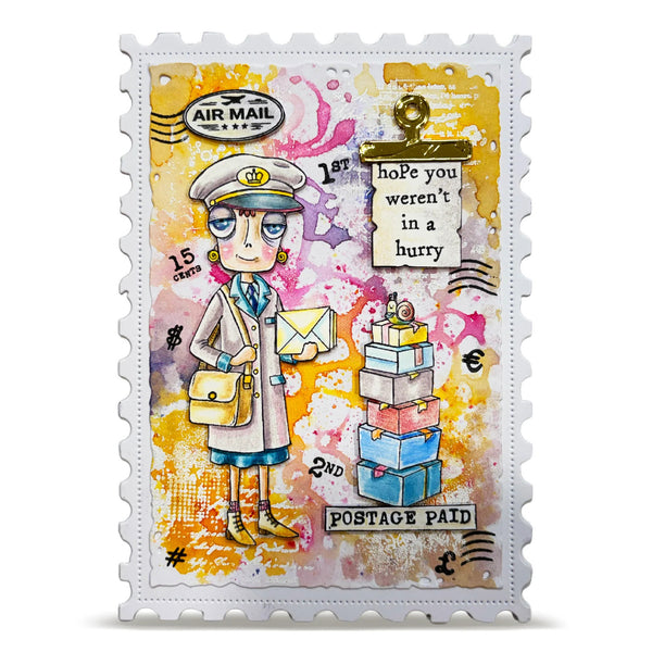 Colorful postage stamp design with a character in a uniform and various elements on a white background