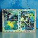 Card with butterfly designs and text on a textured blue background