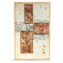 Decorative paper with vintage-style postage stamps featuring hot air balloons and other designs.